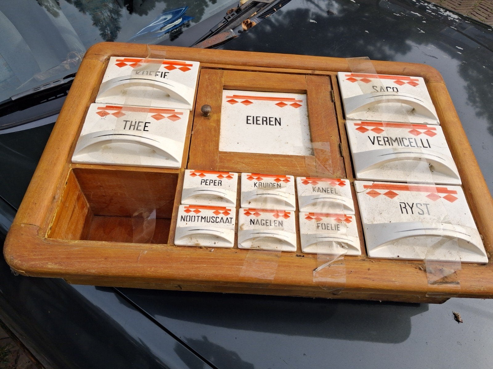 Vintage kruidenrek met porseleinen bakjes, Ophalen of Verzenden