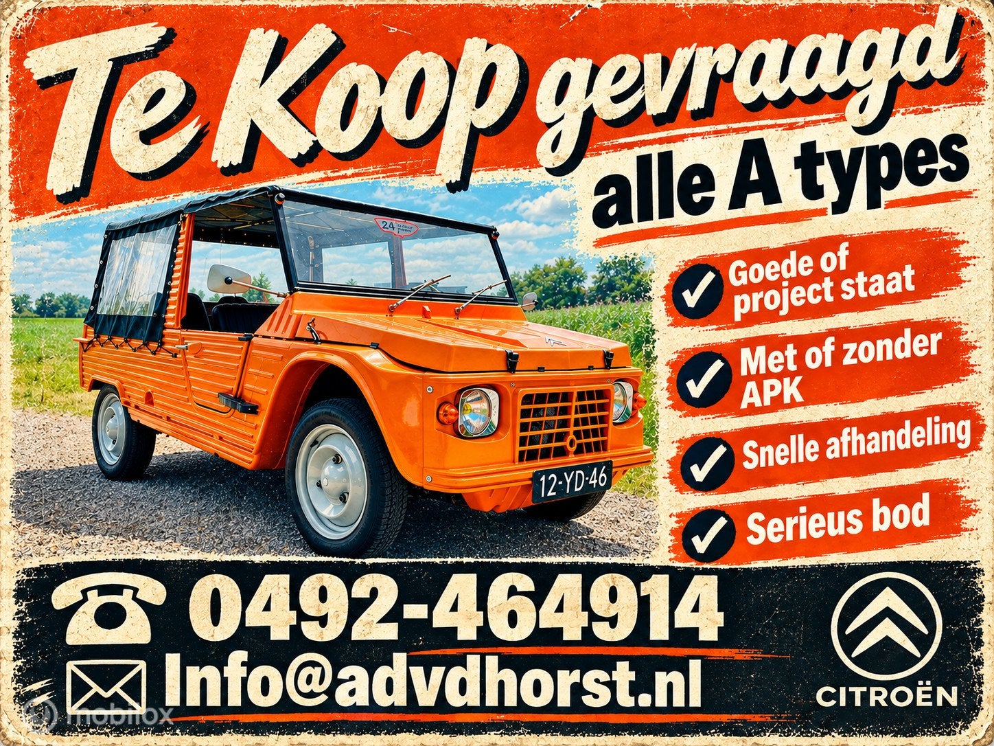 Te koop gevraagd; Mehari, 2cv6, Dyane, Acadiane, AK 400, Azu, Auto's, Voorwielaandrijving, 602 cc, 29 pk, Bedrijf