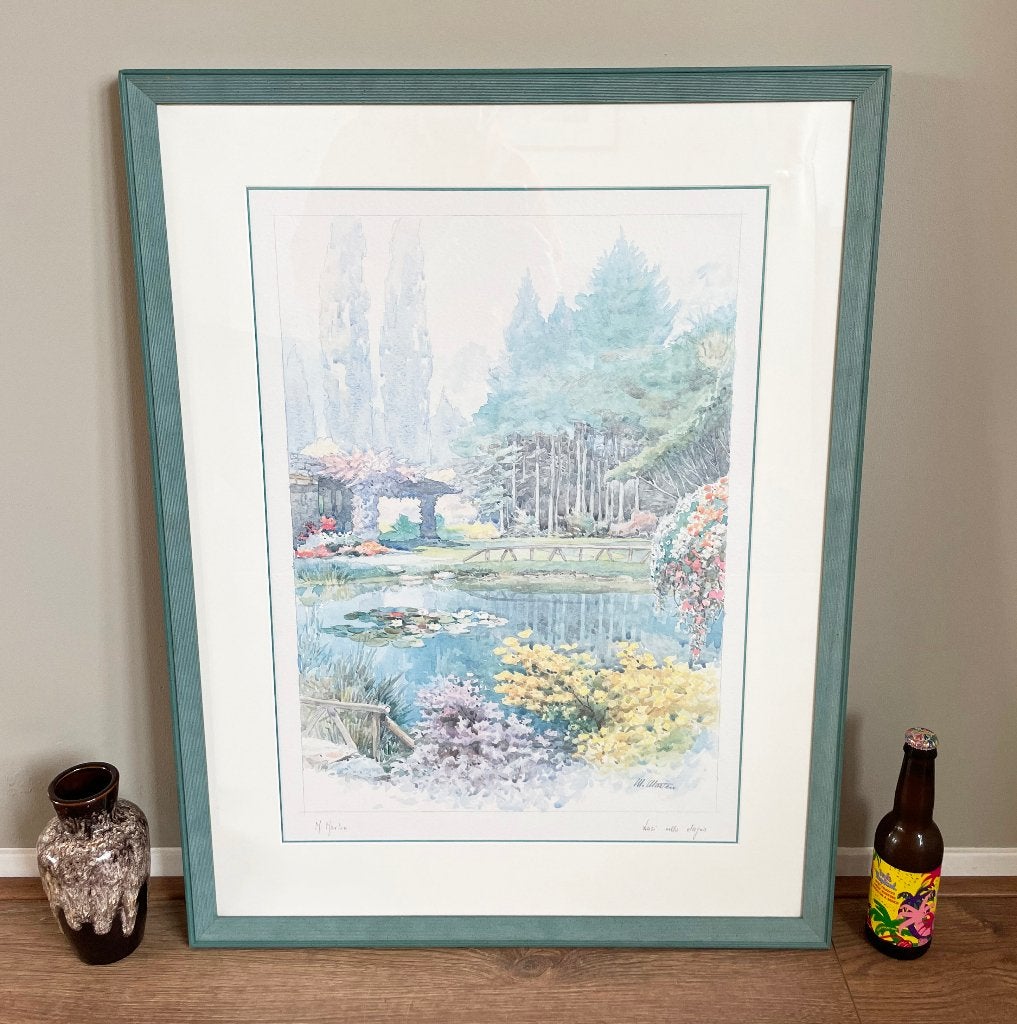 Ingelijst aquarelschilderij van M. Marten, Vijver en Bloemen, Landschap, Aquarel, Papier/karton, Ophalen of Verzenden