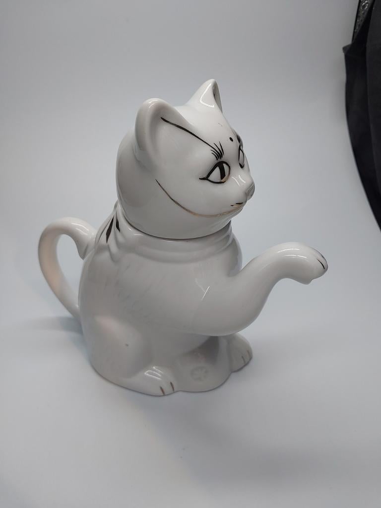 Vintage witte kat theepot met gouden accenten, Antiek en Kunst, Ophalen of Verzenden