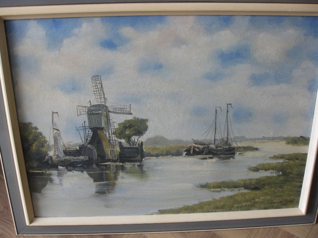 Hollands plasgezicht met molen en boten. Olieverf., Ophalen, Gesigneerd