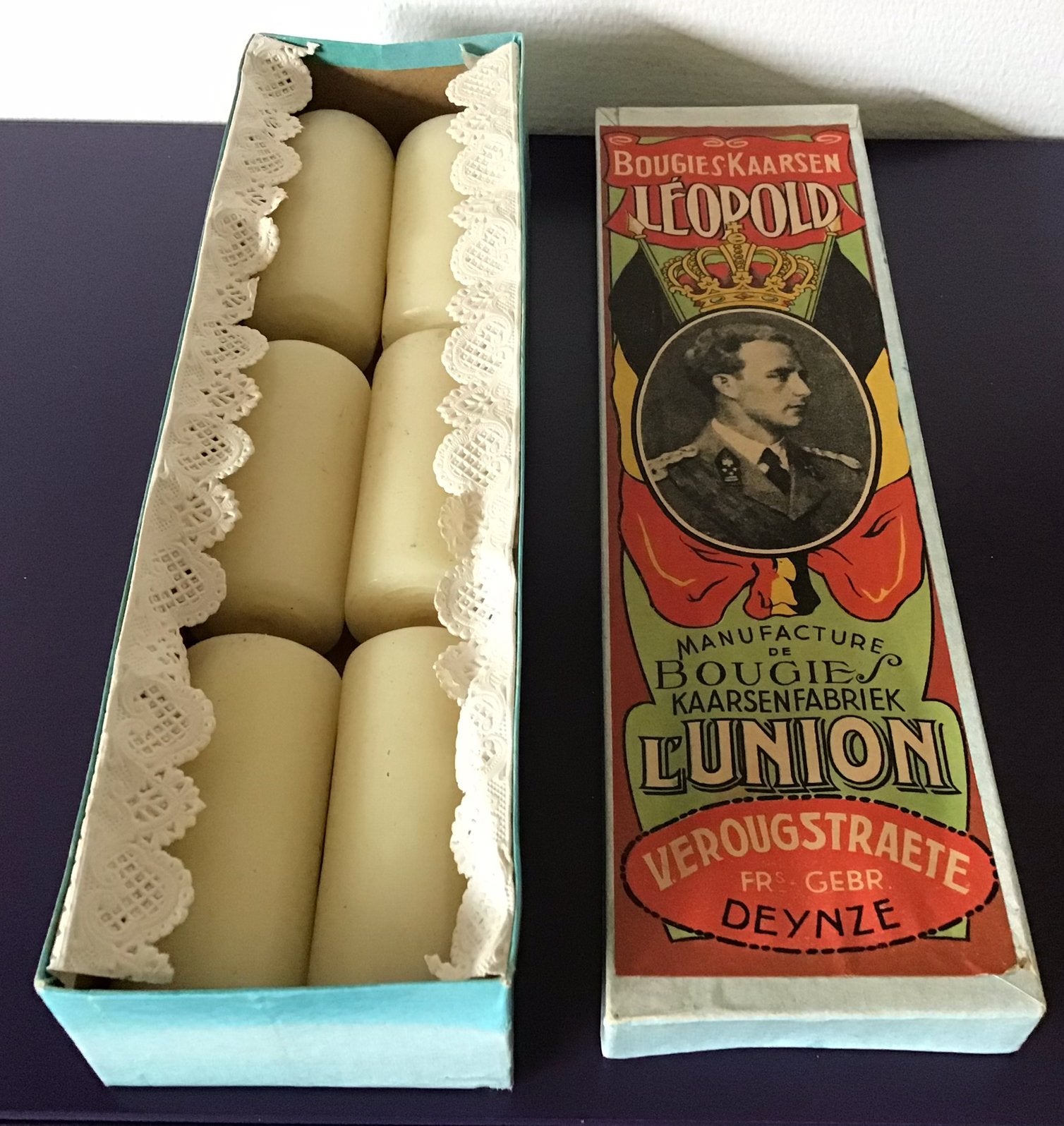 Oude verpakking met oude Bougies.Kaarsen Leopold jaren 1930, Ophalen of Verzenden