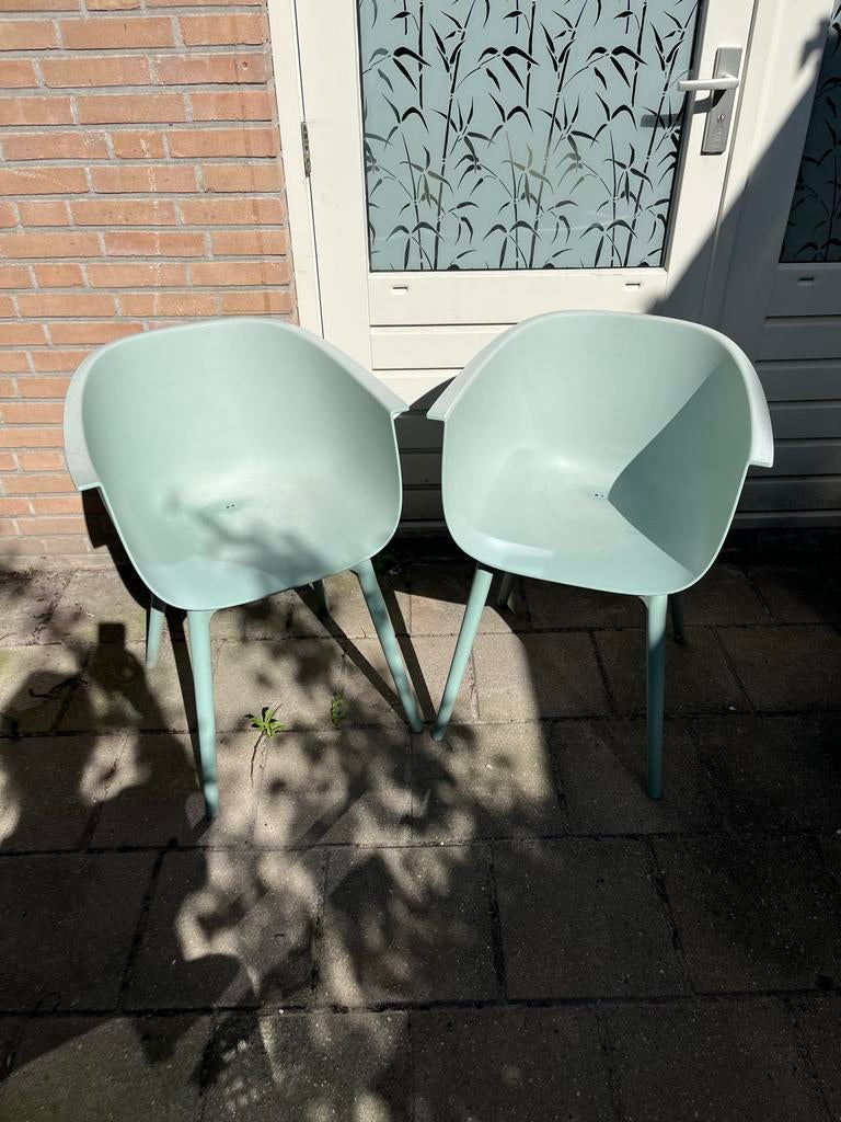 2x Groene kunststof tuinstoelen / kuipstoelen, Ophalen, Gebruikt, Kunststof