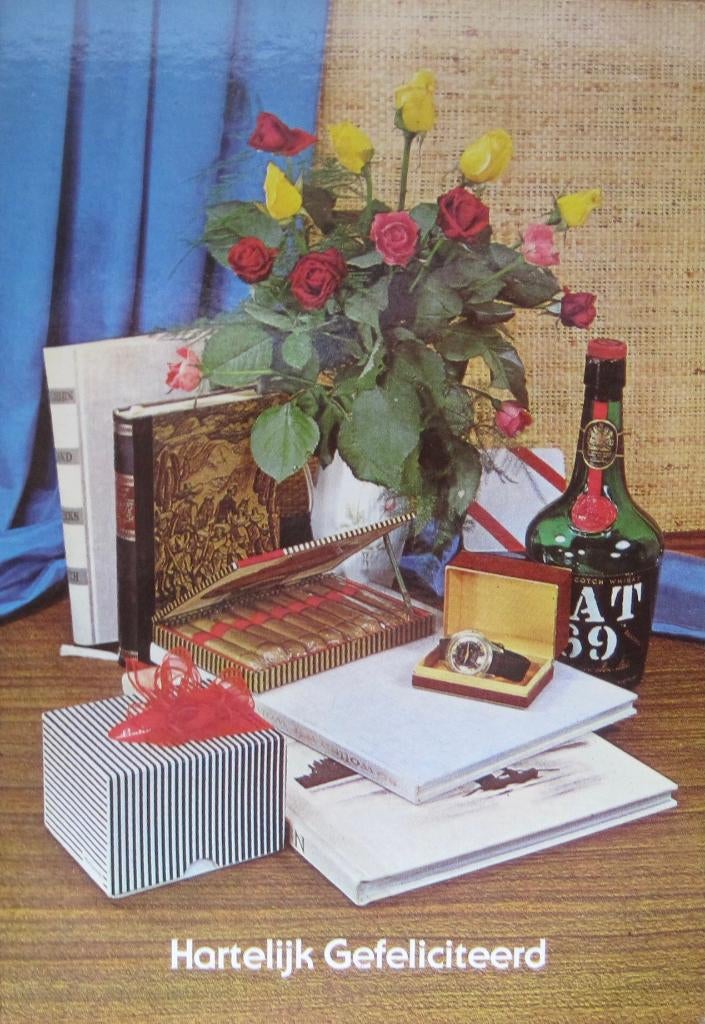 Hartelijk gefeliciteerd - sigaren - horloge - whiskey VAT 69, Verzenden, 1960 tot 1980, Ongelopen, Feest(dag)