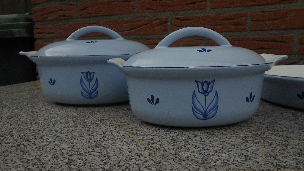 1X DRU gietijzer email dekschaal pan tulp lelie blauw TOP, Ophalen of Verzenden