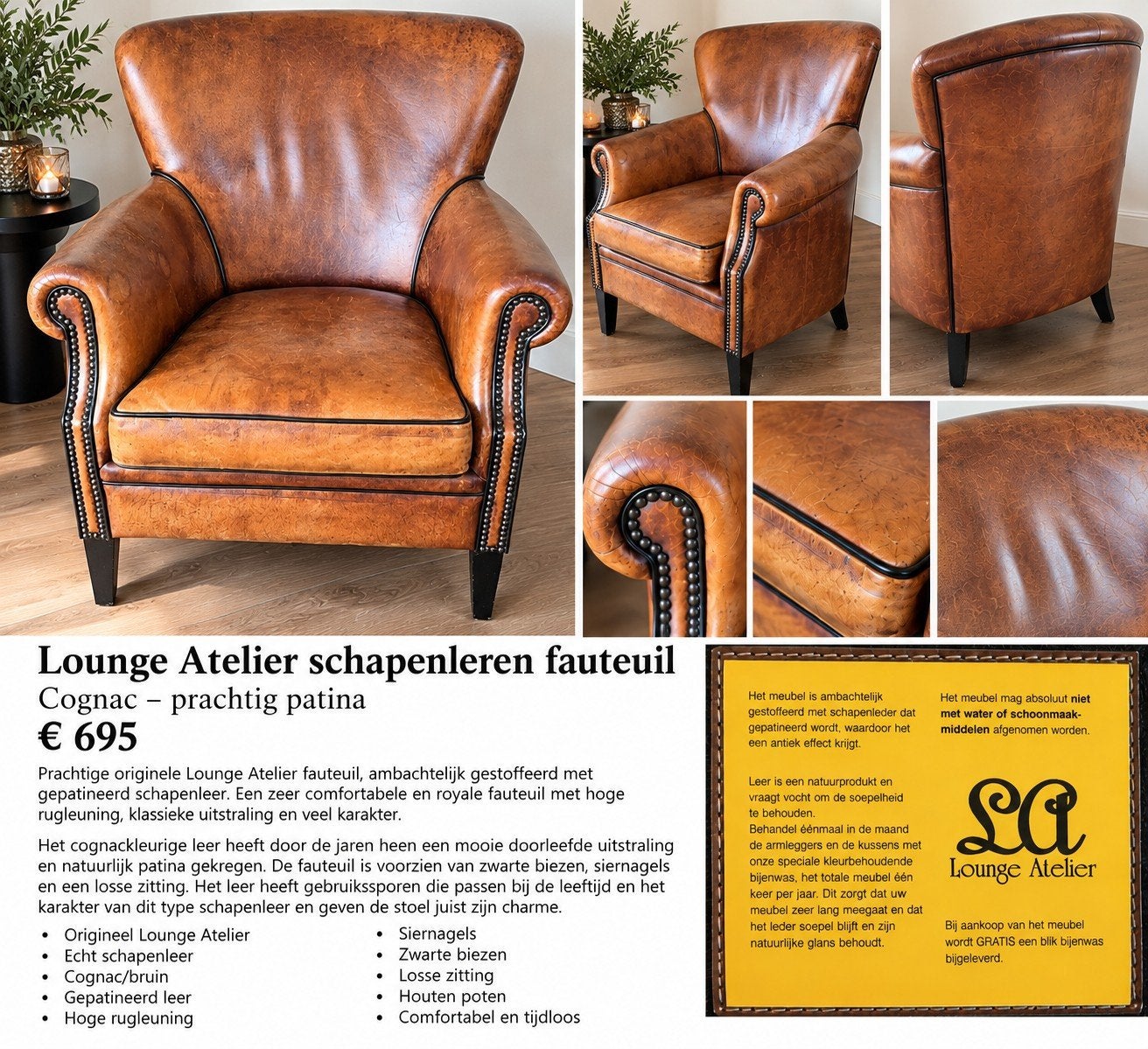 Lounge Atelier Cognac Leren Fauteuil - Prachtige Patina, Huis en Inrichting, Ophalen, Gebruikt, 75 tot 100 cm, Klassiek, Vintage, Chesterfield, Landelijk