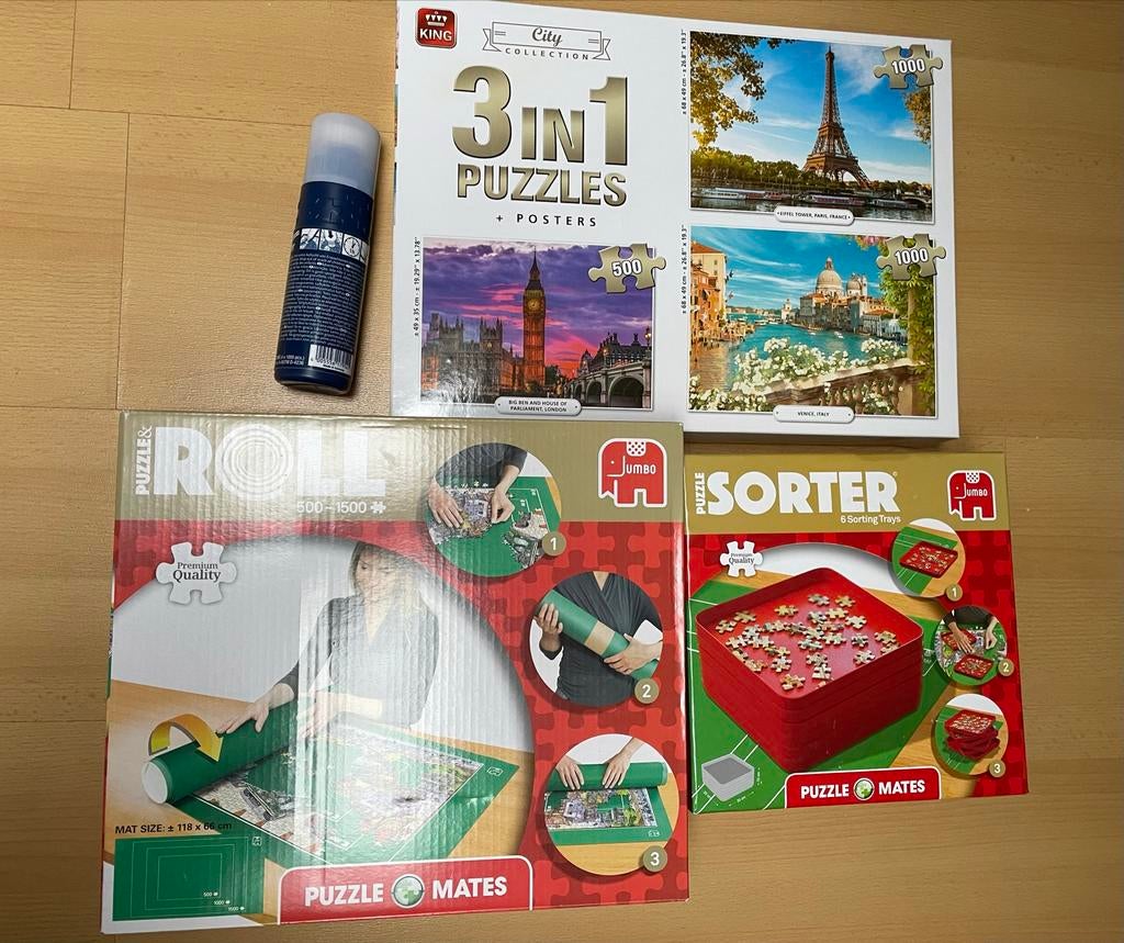 Puzzelset: 3-in-1 King Puzzels, Puzzle Roll, Sorter & Lijm, Hobby en Vrije tijd, Denksport en Puzzels, Ophalen, 500 t/m 1500 stukjes