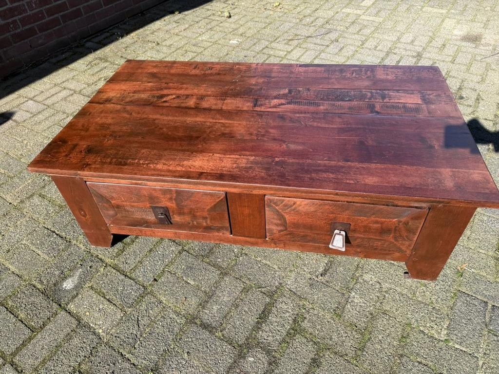 Houten salontafel met twee lades, Huis en Inrichting, Ophalen, Gebruikt, 100 tot 150 cm, 50 tot 100 cm
