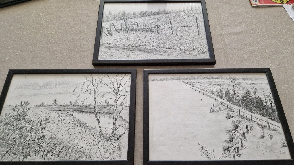 3 oude tekeningen etsen in lijsten, Ophalen of Verzenden, Tekening