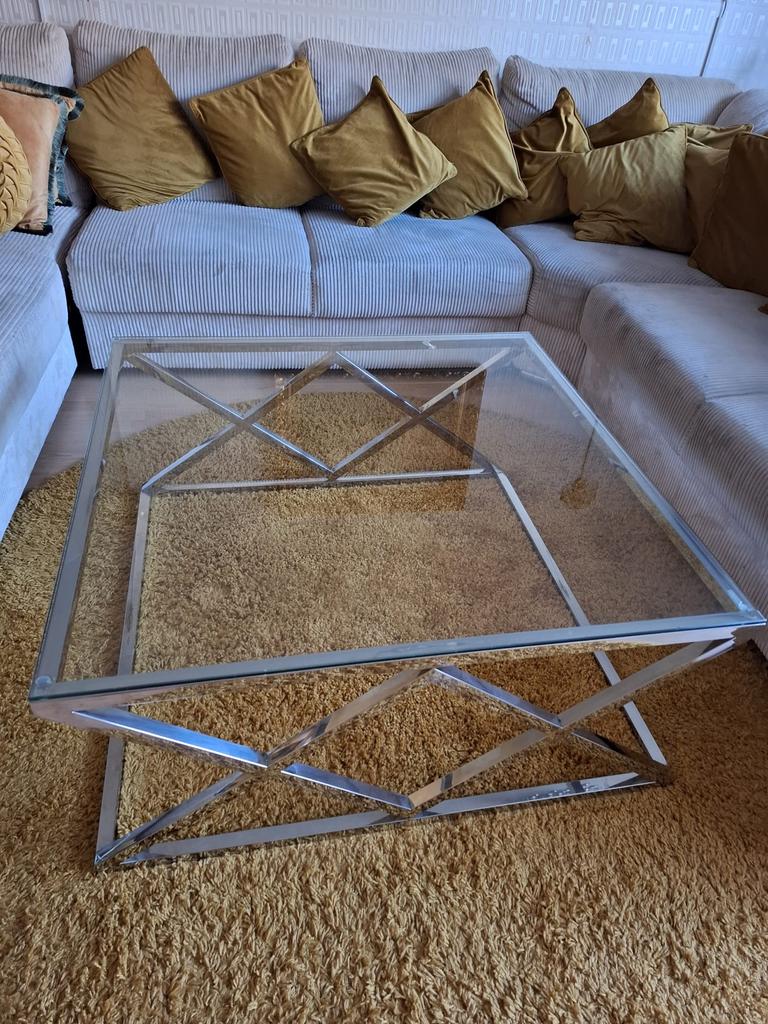 Eric Kuster stijl salontafel 1x1m, z.g.a.n., 100 tot 150 cm, Vierkant, Ophalen of Verzenden, Glas