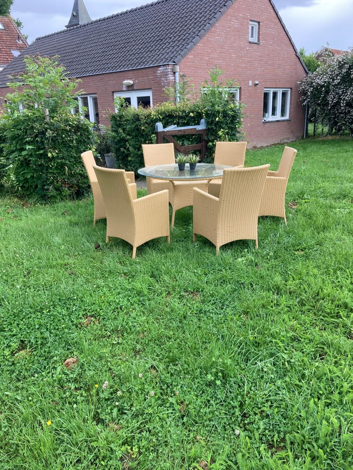 Tuinset met glazen tafel en 6 stoelen, Ophalen, Overige materialen, Gebruikt, 6 zitplaatsen