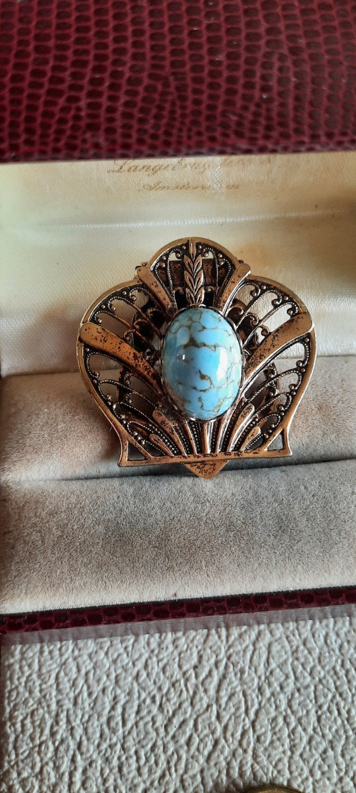 Antieke ajour broche met turkoois, art deco decor., Ophalen of Verzenden, Overige materialen, Broche, Met edelsteen