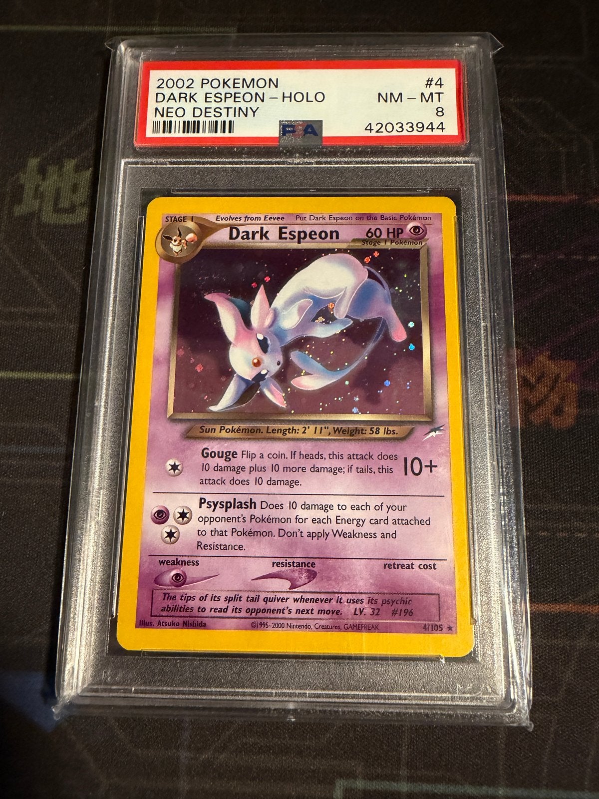 Pokémon Dark Espeon Holo Neo Destiny PSA 8, Ophalen of Verzenden, Zo goed als nieuw, Losse kaart