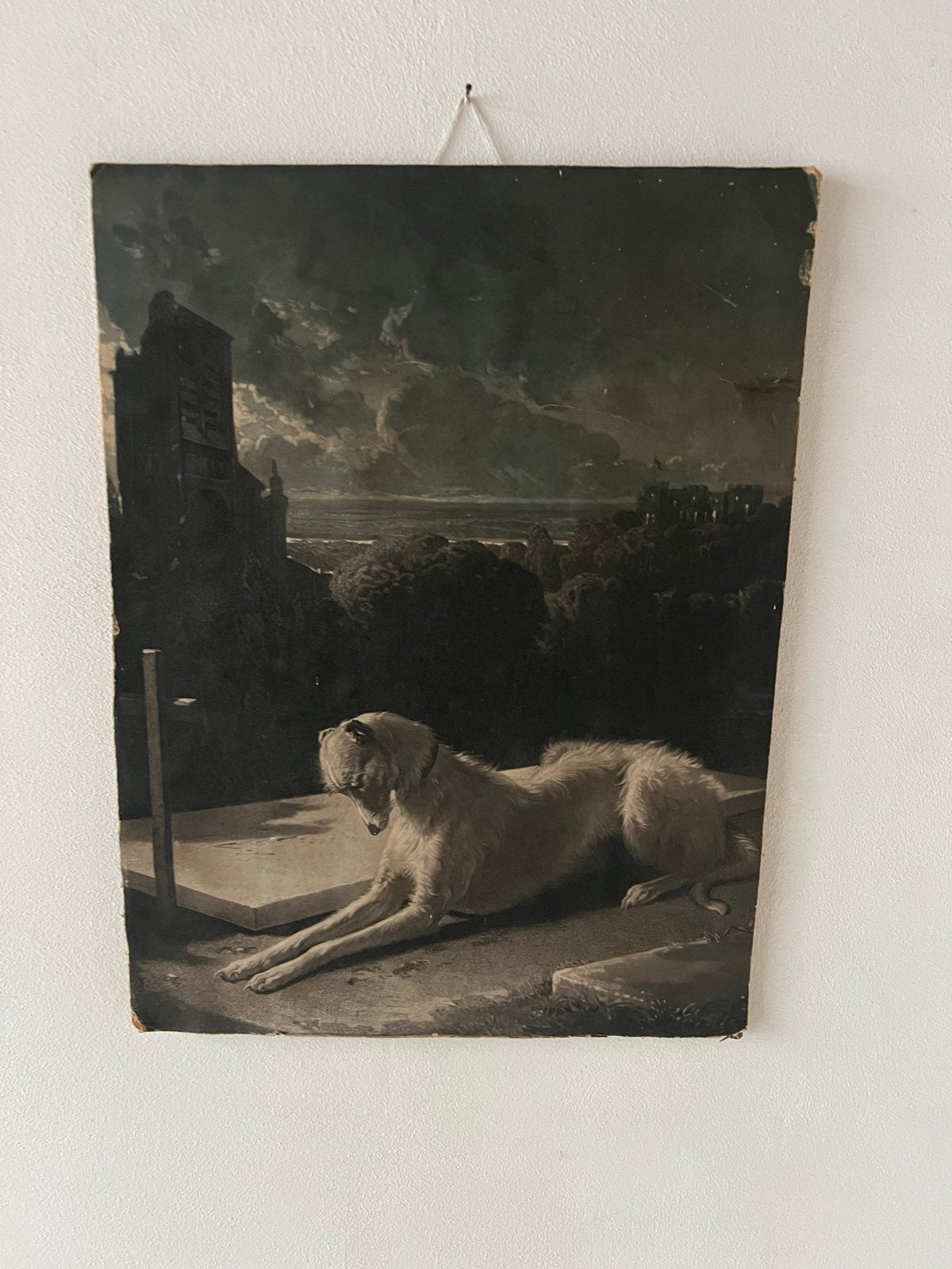 Antiek schilderij van hond met landschap, Paneel, Dieren, Ophalen of Verzenden, Olieverf