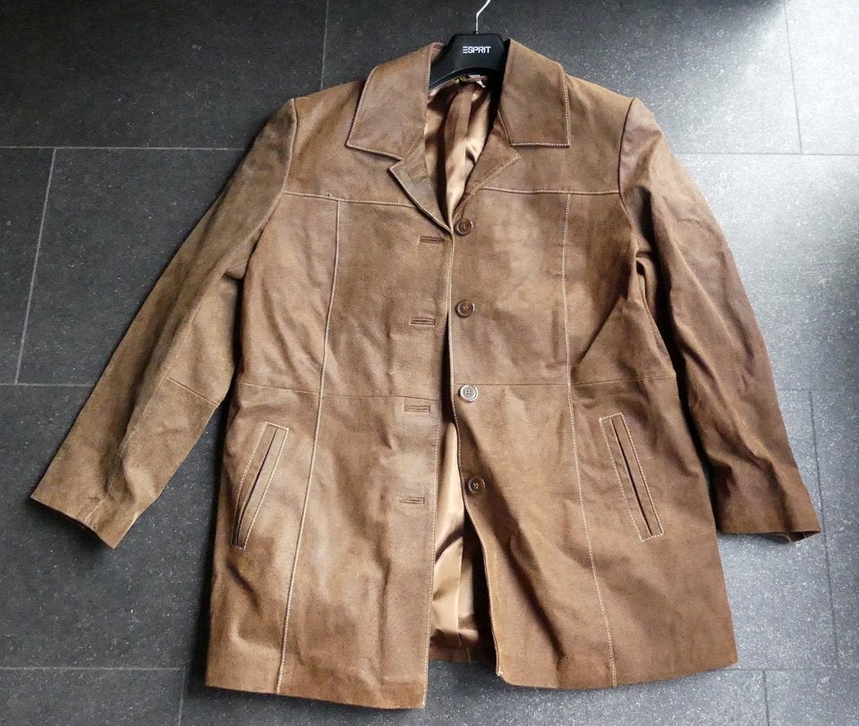 Dames jas bruin suèdeleer lang jack maat 40 42 echt leder, Ophalen of Verzenden, Zo goed als nieuw, Maat 38/40 (M), Bruin