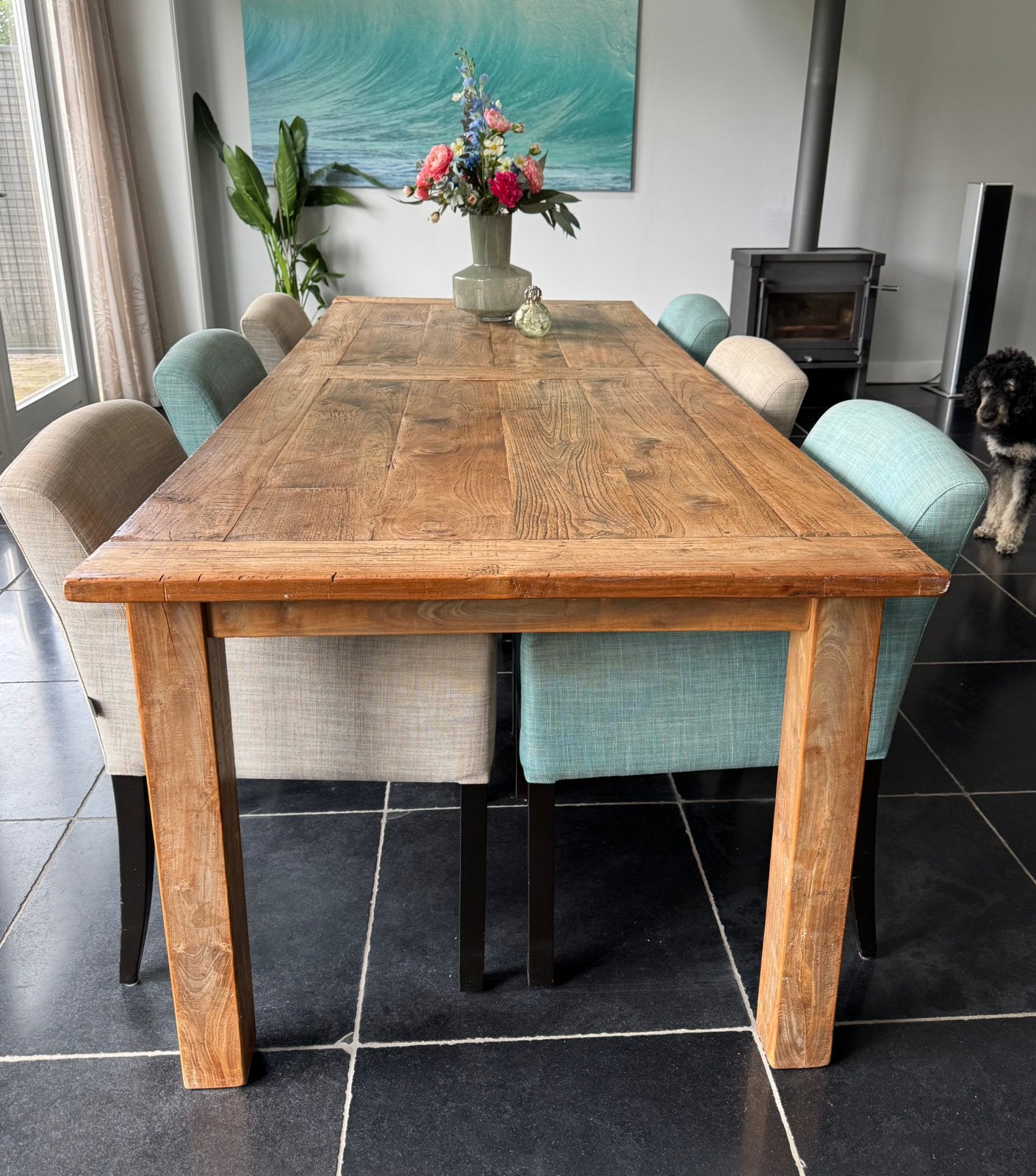 Grote Teak eetkamertafel met 6 merk stoelen, Ophalen, 200 cm of meer, 50 tot 100 cm, Zo goed als nieuw
