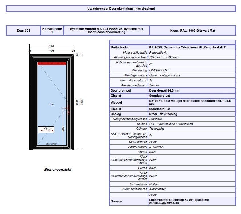 Aluprof MB-104 Aluminium Deur Zwart RAL 9005 Thermisch, Ophalen of Verzenden, Nieuw, 100 tot 120 cm, 200 tot 215 cm