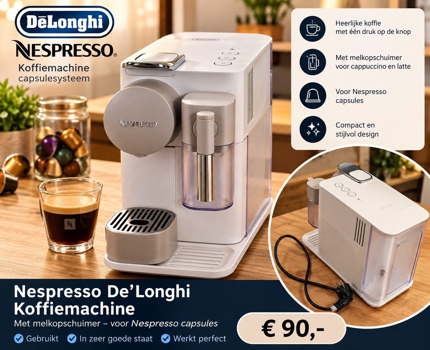 Nespresso De'Longhi Koffiemachine met Melkopschuimer Wit