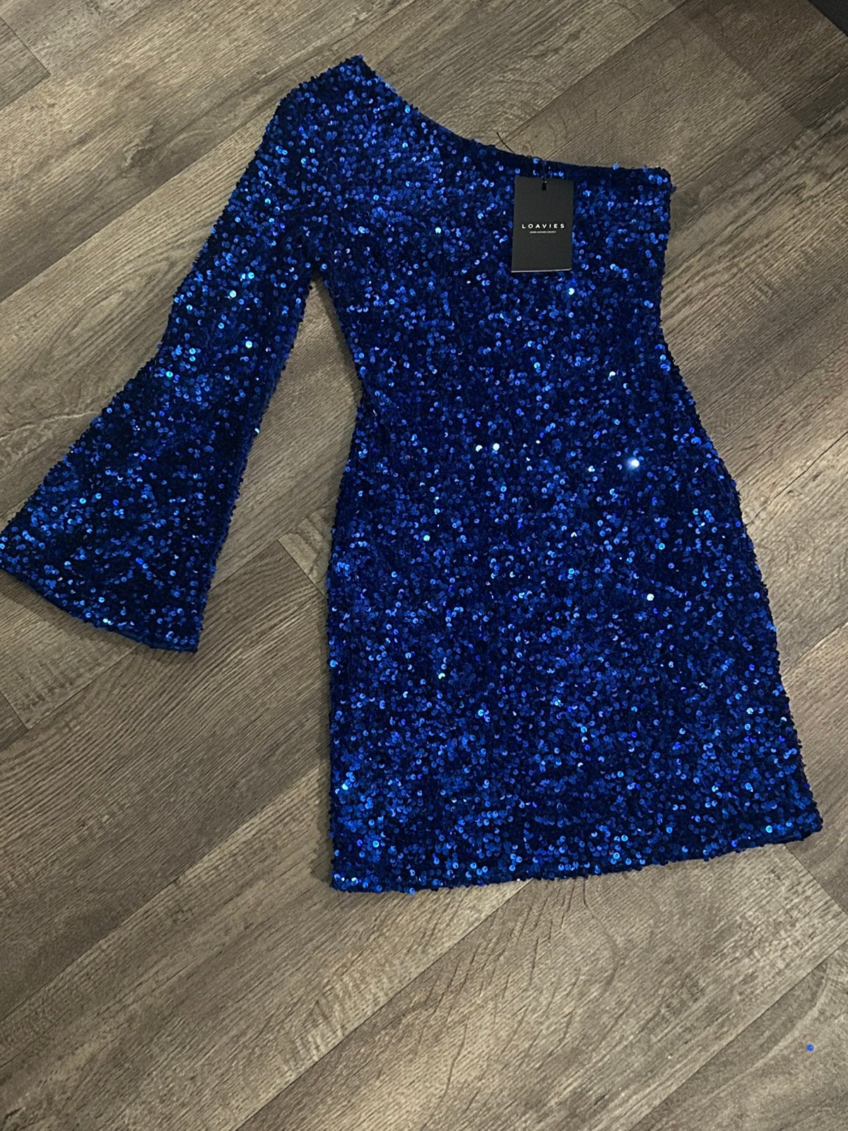 Loavies off shoulder jurk blauw glitter, maat M, Kleding | Dames, Maat 38/40 (M), Blauw, Nieuw, Ophalen of Verzenden
