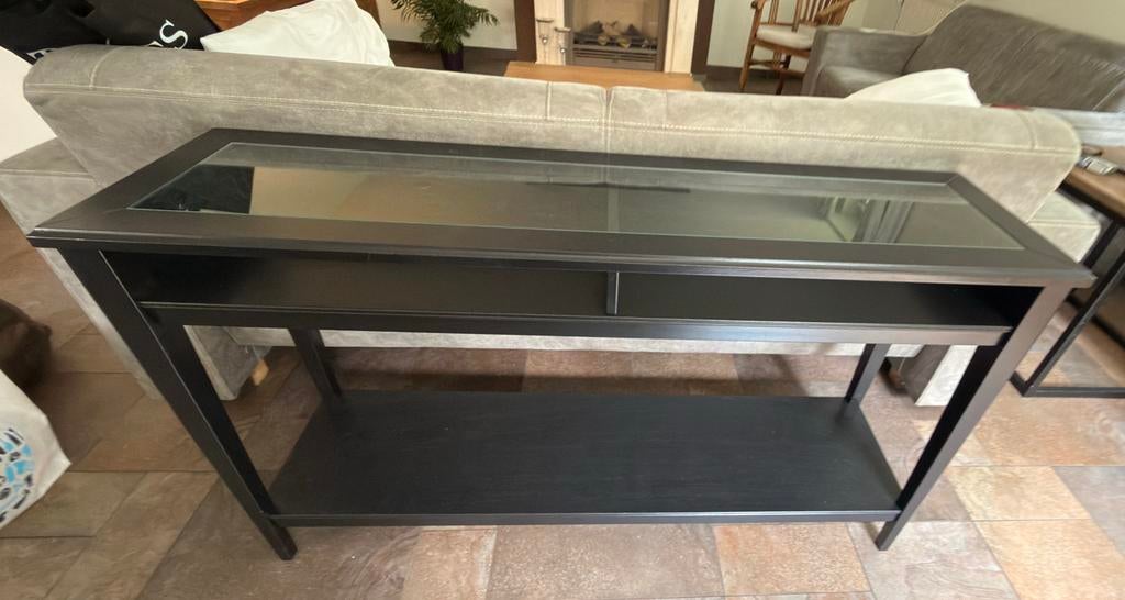 Zwarte console tafel met glazen blad, Ophalen, Zo goed als nieuw, 25 tot 50 cm, Rechthoekig