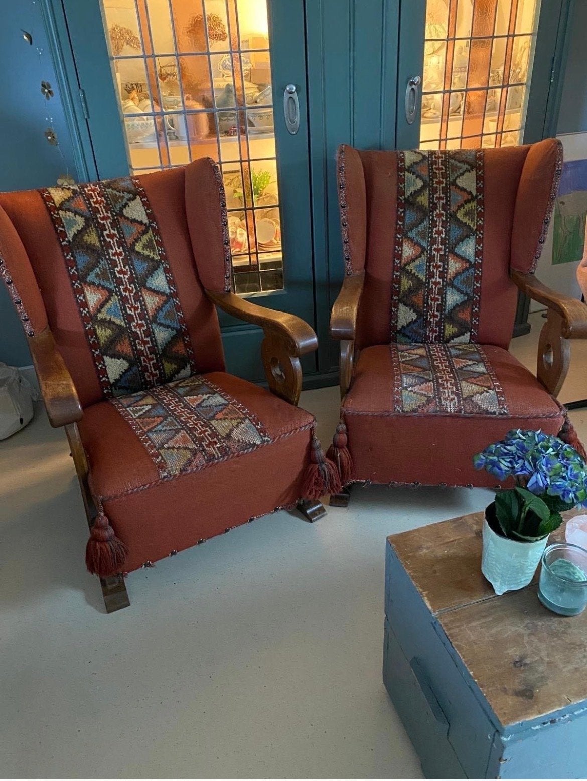 Set van 2 Antieke Fauteuils met Uniek Tapijtpatroon, Antiek en Kunst, Ophalen of Verzenden