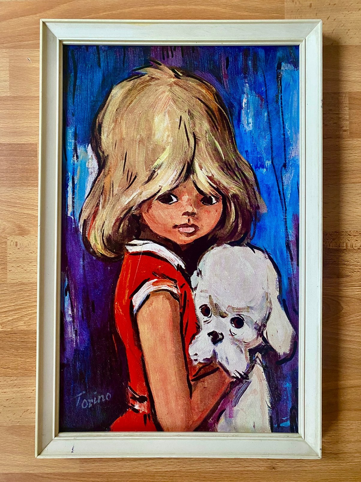 Vintage jaren 70 kitsch prent meisje met witte hond Torino, Antiek en Kunst, Kunst | Schilderijen | Modern, Figuren, Hout, Ophalen of Verzenden
