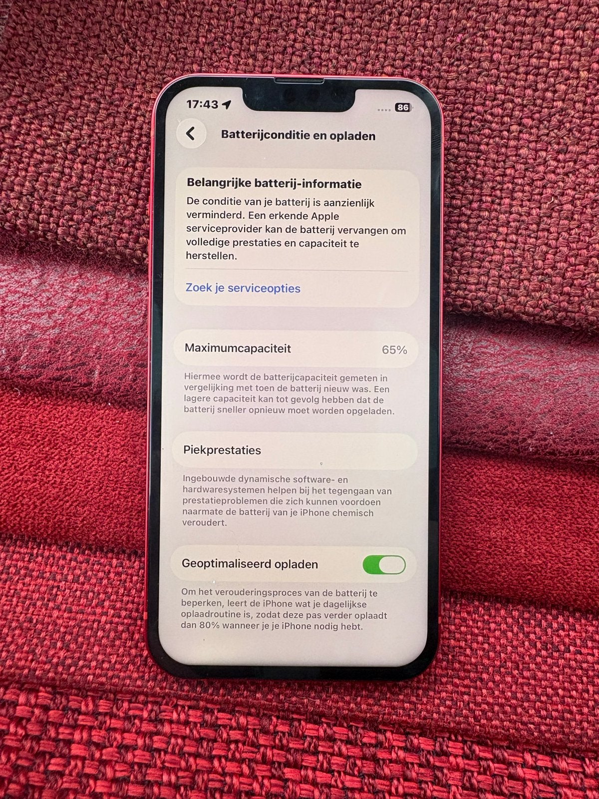 iPhone 13 Rood 256GB - 65%, Telecommunicatie, 256 GB, Gebruikt, Ophalen of Verzenden, Rood
