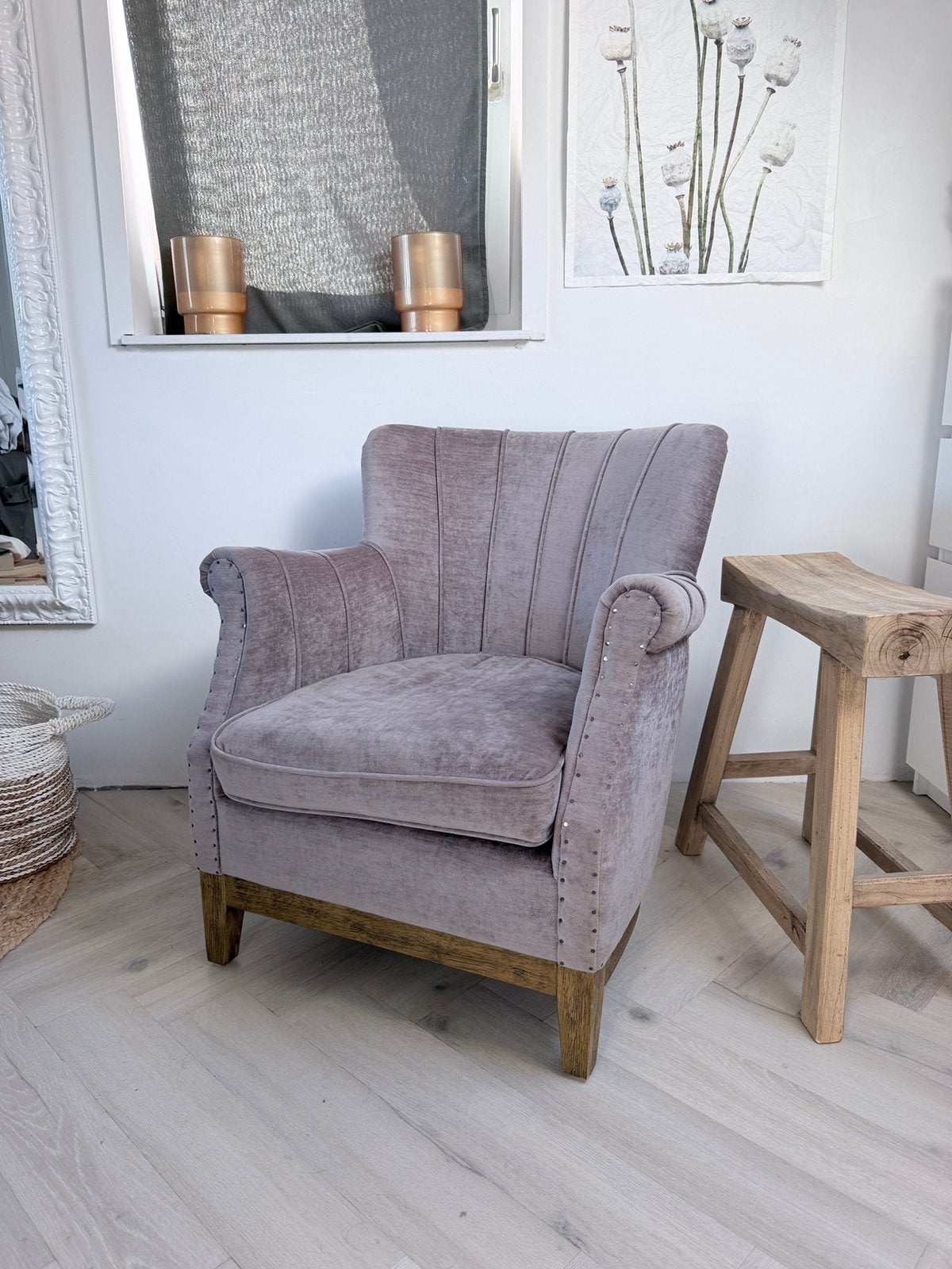 Rivièra Maison fauteuil taupe/oudroze velvet, Ophalen, Zo goed als nieuw, Riviera Maison