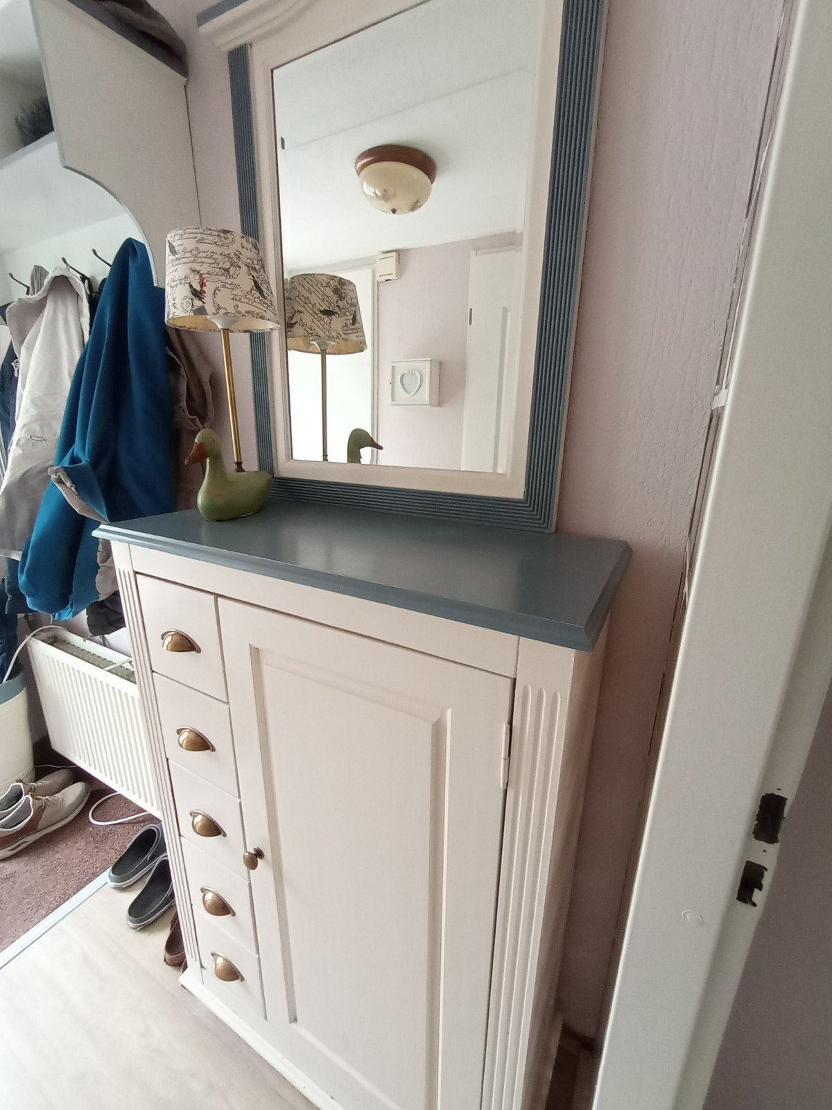 Halmeubel met spiegel, lades en kastje, Ophalen, Gebruikt, 100 tot 150 cm, Rechthoekig