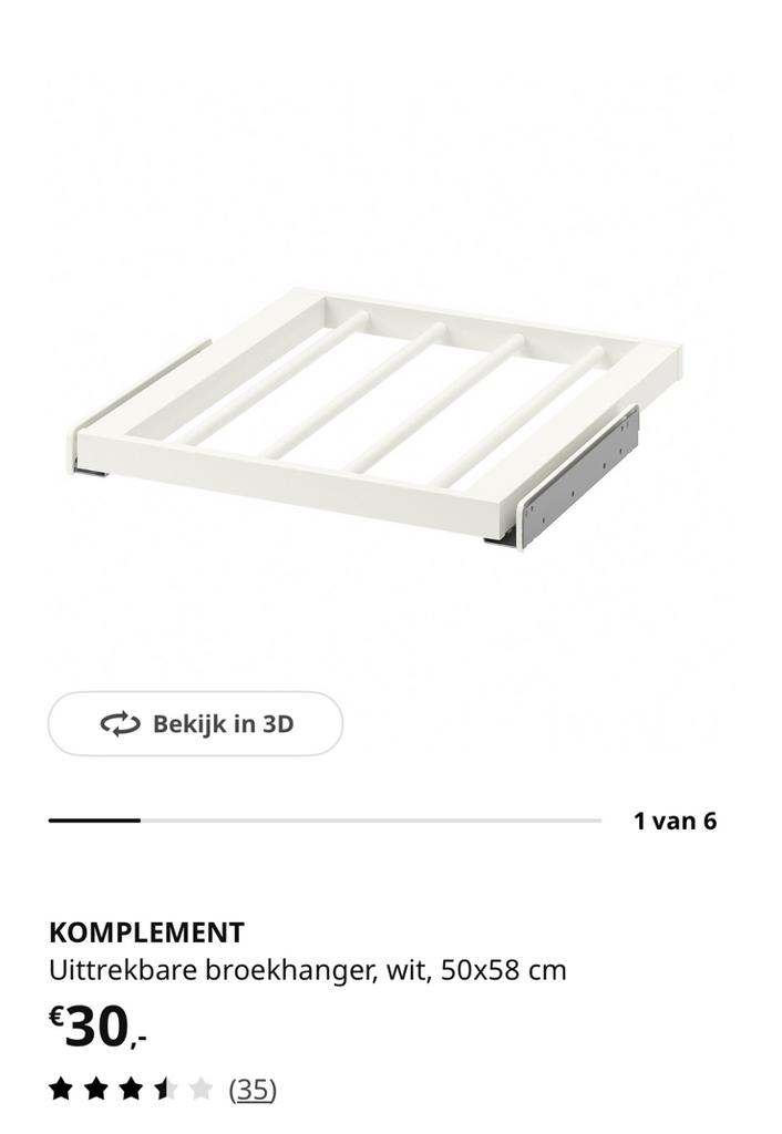 Komplement uitrekbare broekhanger, Huis en Inrichting, Kasten | Kledingkasten, Zo goed als nieuw, Minder dan 100 cm, 50 tot 75 cm
