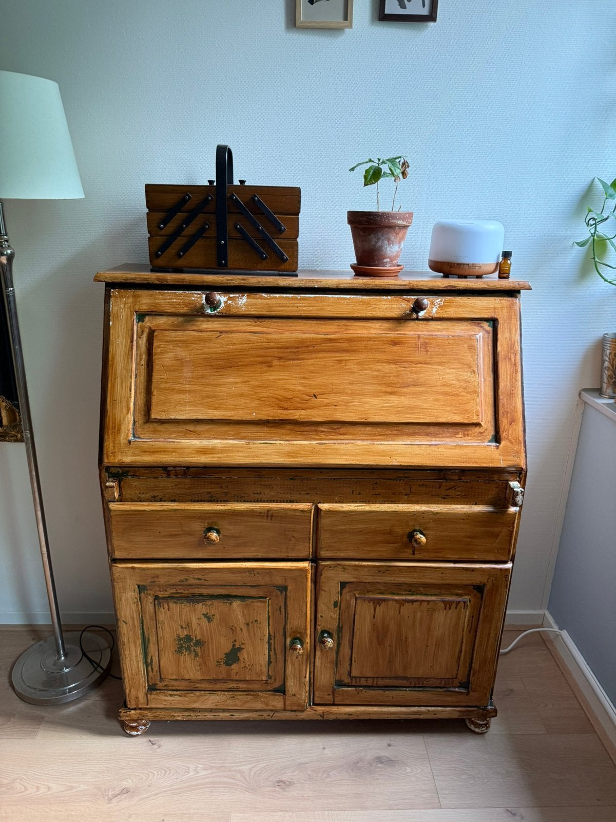 Vintage houten secretaire met schrijfblad, Ophalen, Gebruikt, Vintage