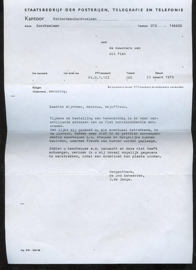 Brief beroving Dordtselaan Rotterdam 1973 (VK-98), Ophalen, Gebruikt