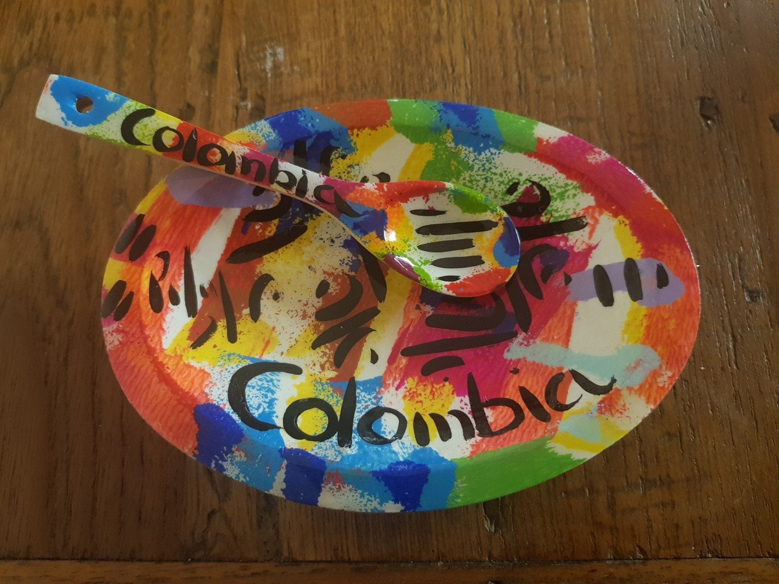 Handgeschilderd houten Colombia schaaltje met lepeltje, Schaal, Ophalen of Verzenden, Zo goed als nieuw, Ovaal