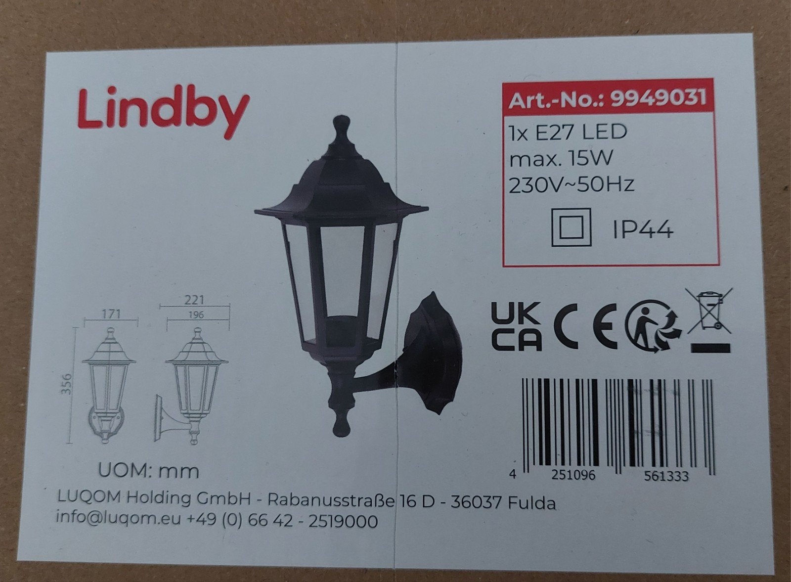 Lindby Buitenwandlamp E27 LED max. 15W IP44 Zwart, Overige materialen, Minder dan 50 watt, Wandlamp, Nieuw
