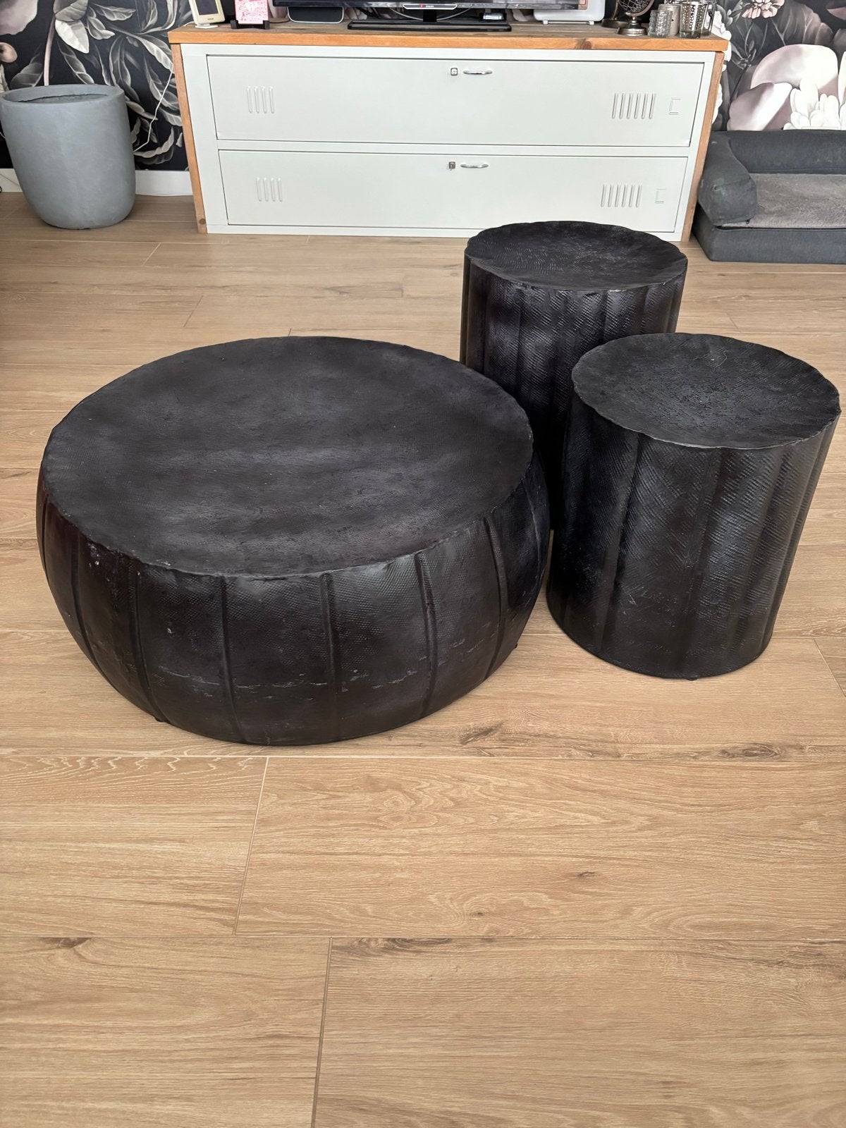 Set van 3 zwarte salontafels/ bijzettafels, Overige materialen, Gebruikt, Rond, 75 cm of meer