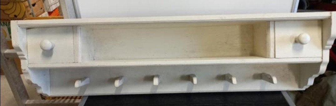 Mooie, zware houten wandkapstok met 6 haken en 2 lades, Ophalen