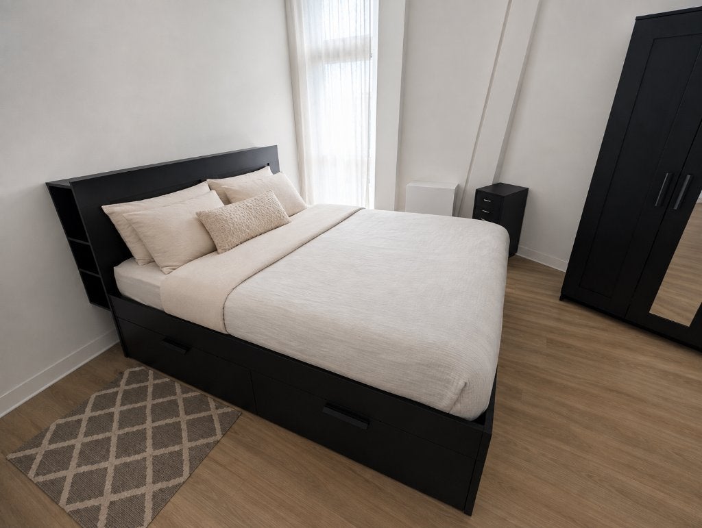 BRIMNES Bed w storage and headboard, Lönset, 160x200 cm, Ophalen, Zwart, Tweepersoons, Zo goed als nieuw