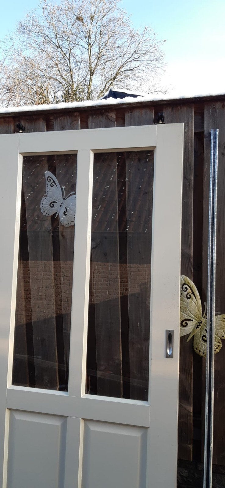 Witte schuifdeur met glas en geleider en wieltjes, Ophalen, Gebruikt, 80 tot 100 cm, Binnendeur