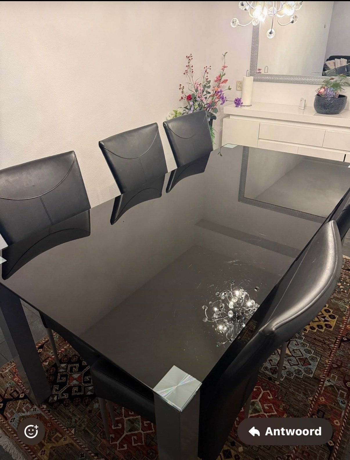 Zwarte glazen eettafel met 6 zwarte eetkamerstoelen, Huis en Inrichting, Ophalen, Gebruikt, Vierkant, Glas