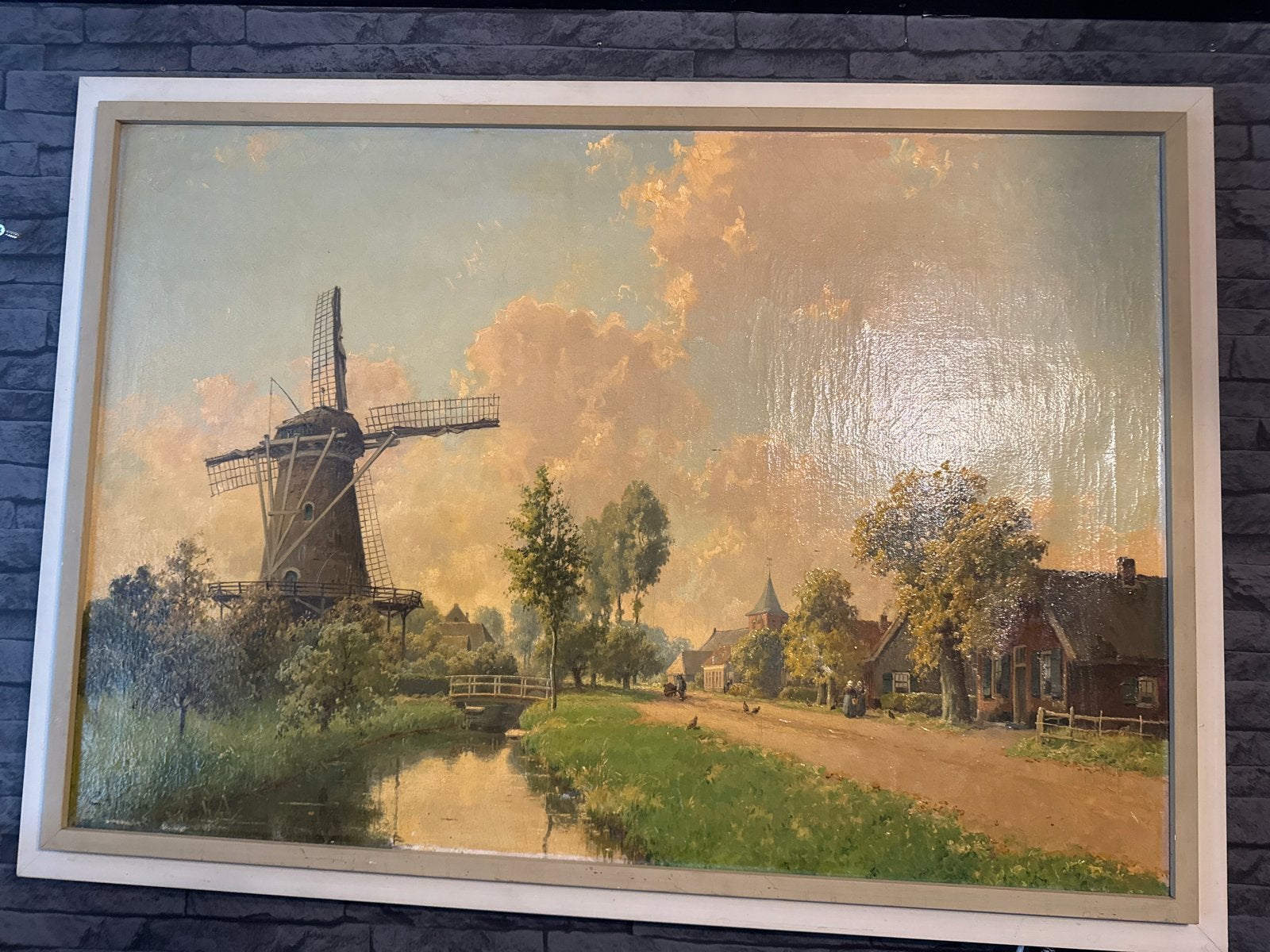 Antiek Hollands Landschap Schilderij met Molen - Gesigneerd, Ophalen, Doek, Realistisch, Gesigneerd