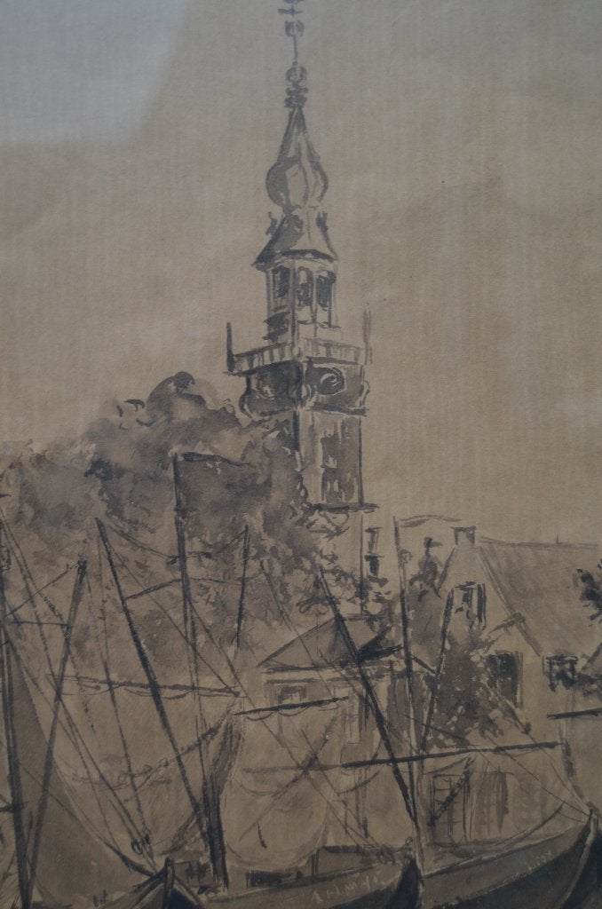 Aquarel Vissersboten/Stadhuis Veere gesign. gedat., Antiek en Kunst, Ophalen of Verzenden, Klassiek, Ingelijst, Papier