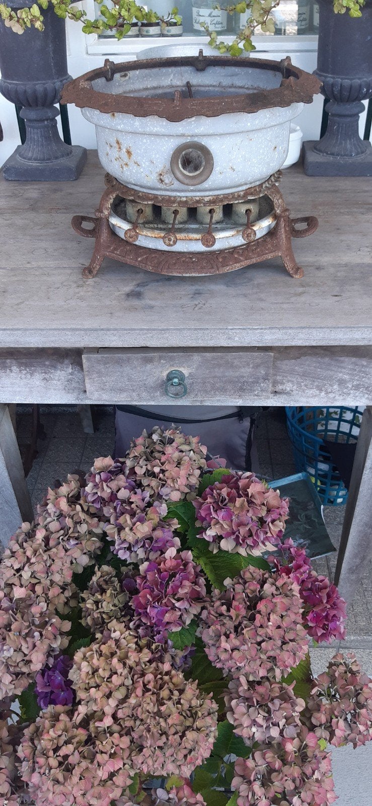 brocante emaille petroleumstel 4 pits grijs gewolkt, Antiek en Kunst, Ophalen