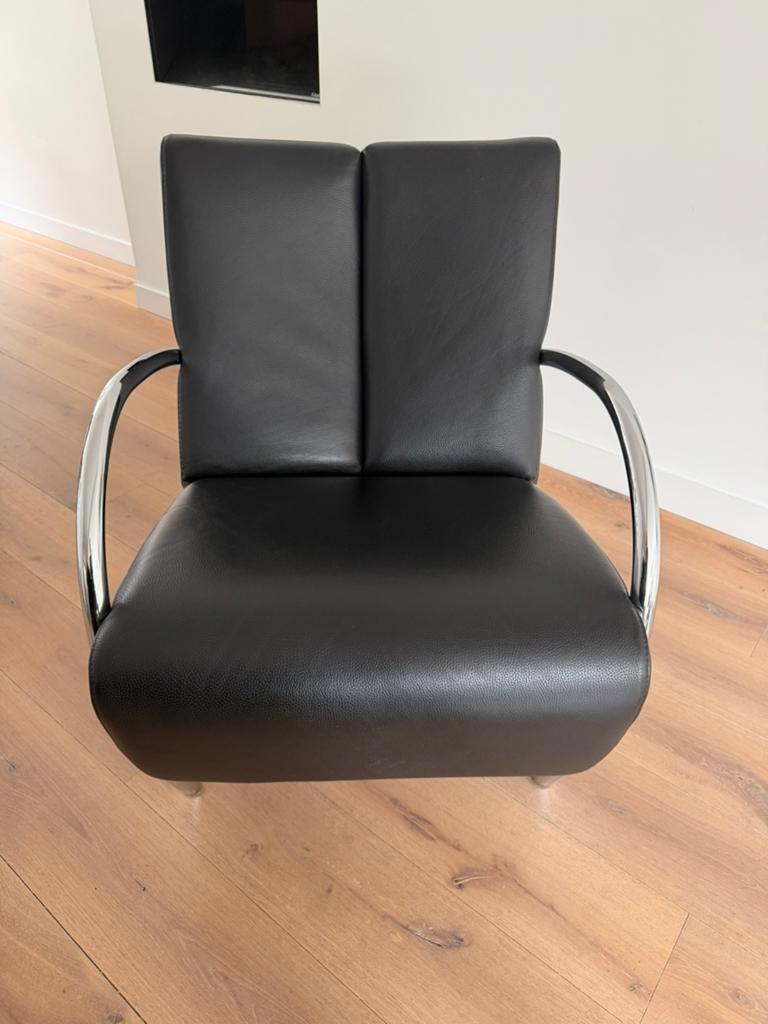 Stijlvolle retro leren stoel met chromen armleuningen, Huis en Inrichting, Fauteuils, Ophalen, Zo goed als nieuw, Leer, 50 tot 75 cm
