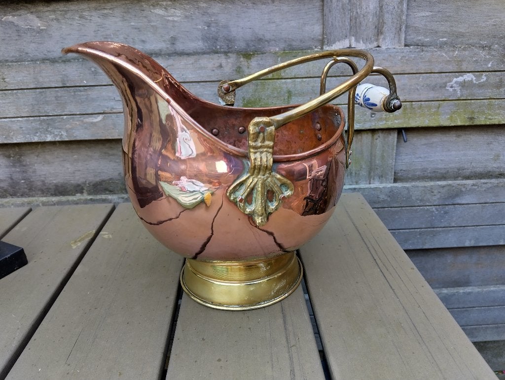 Vintage koperen kolenkit in Victoriaanse helmstijl, Antiek en Kunst, Ophalen of Verzenden