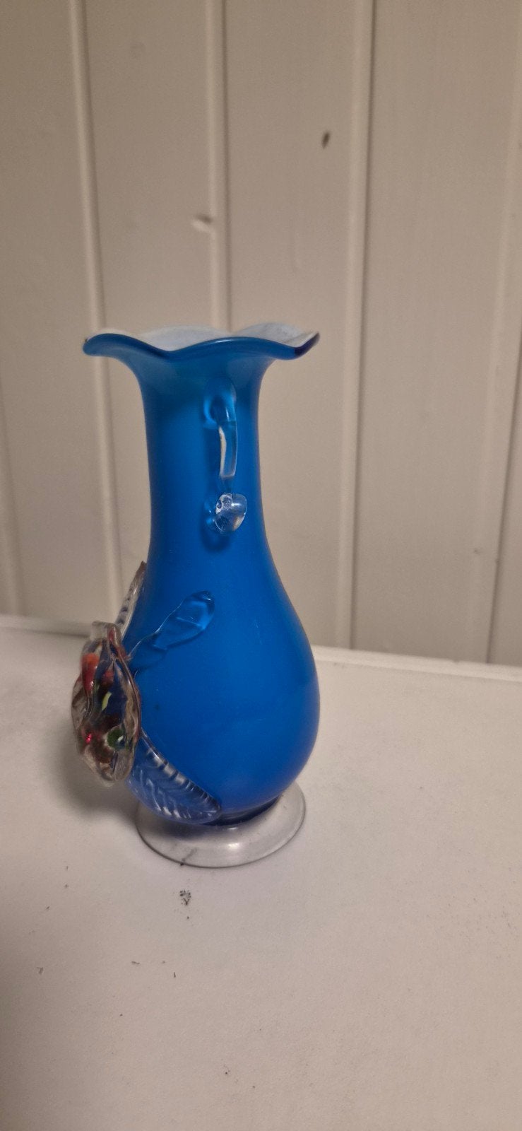 Vintage kobaltblauwe vaas met glazen bloemdecoratie, Ophalen of Verzenden
