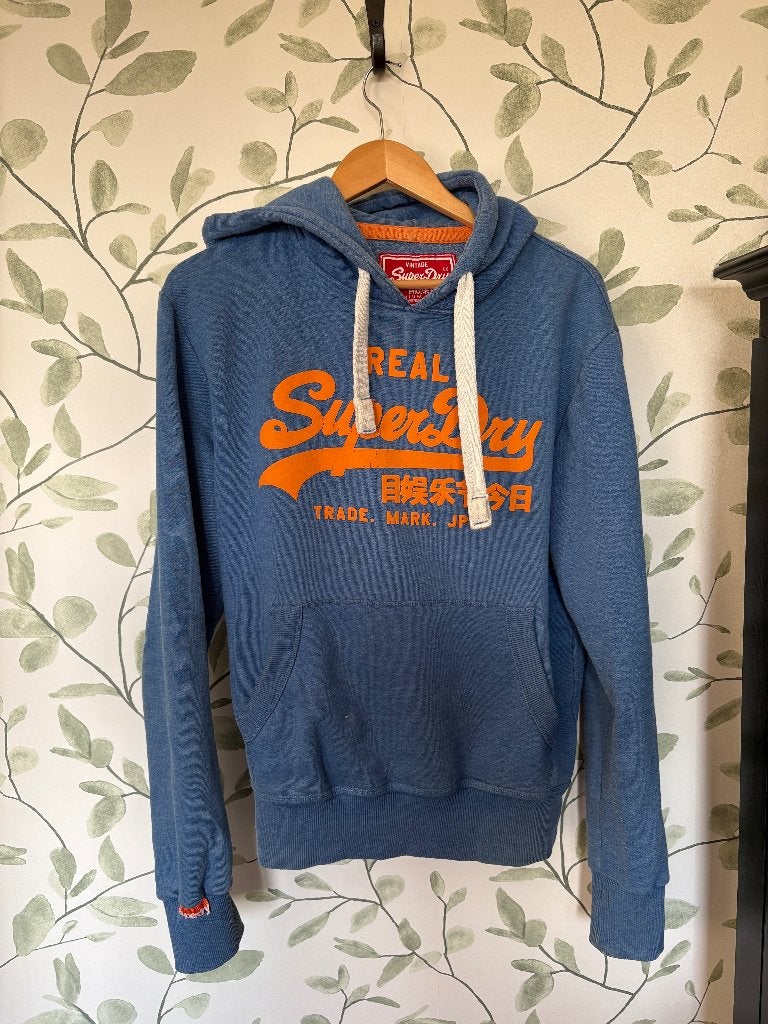 Superdry blauwe hoodie sweater met oranje letters medium, Ophalen of Verzenden, Zo goed als nieuw, Superdry, Maat 48/50 (M)