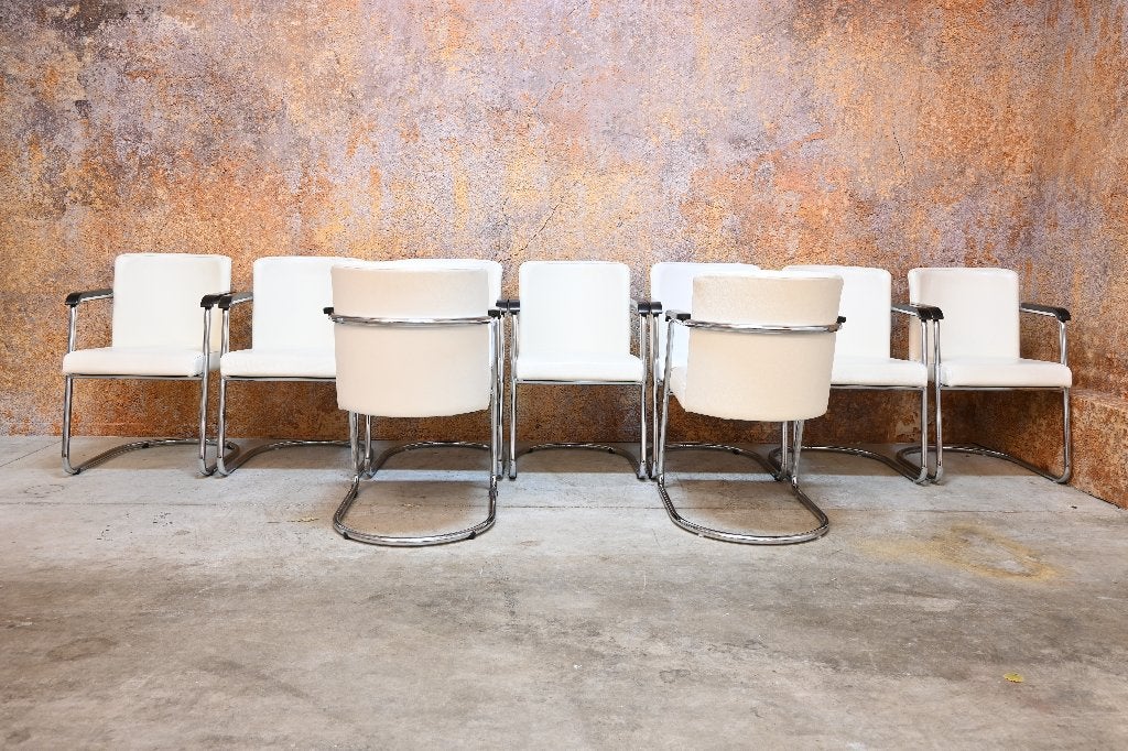 ZGANieuw 9 witte leren Gispen 603 design eetkamerstoelen, Huis en Inrichting, Stoelen, Gipsen, Wit, Gipsen, Gipsen