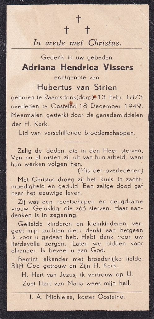 Vissers Adriana 1873 Raamsdonk dorp 1949 Oosteind, Ophalen of Verzenden, Bidprentje