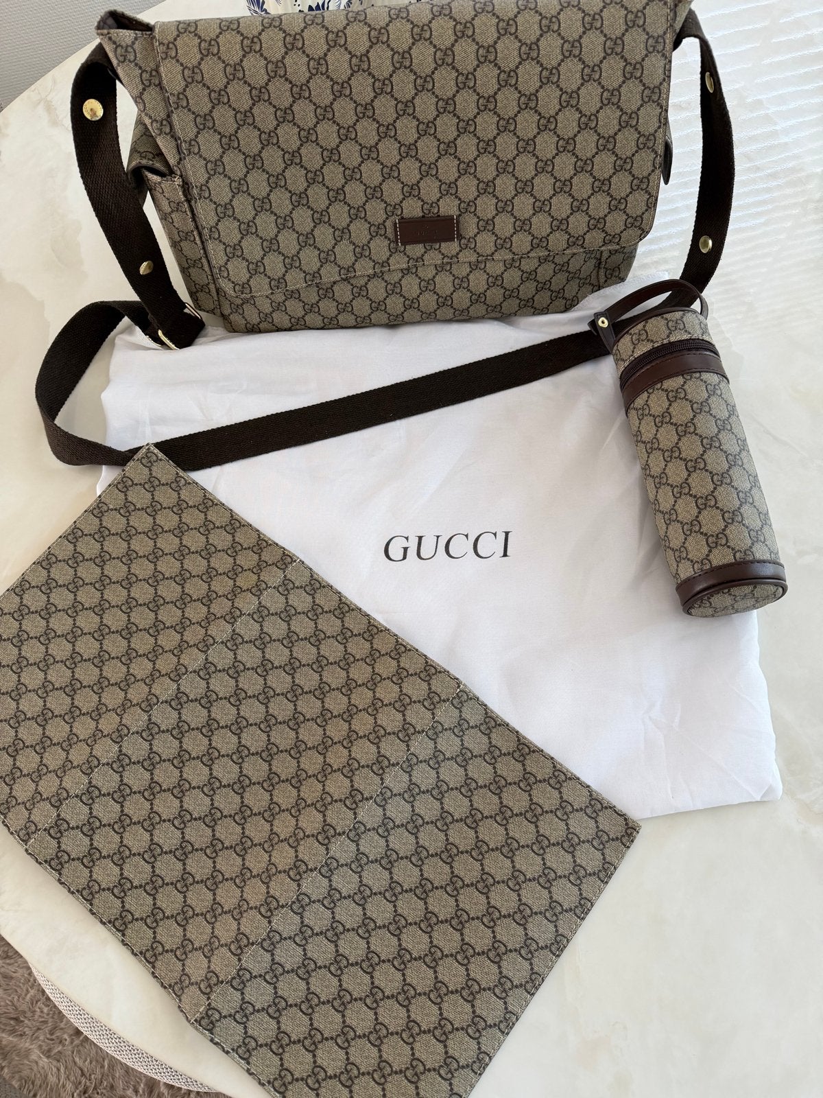 Gucci luiertas met accessoires, Verzenden, Zo goed als nieuw, Bruin, Schoudertasje