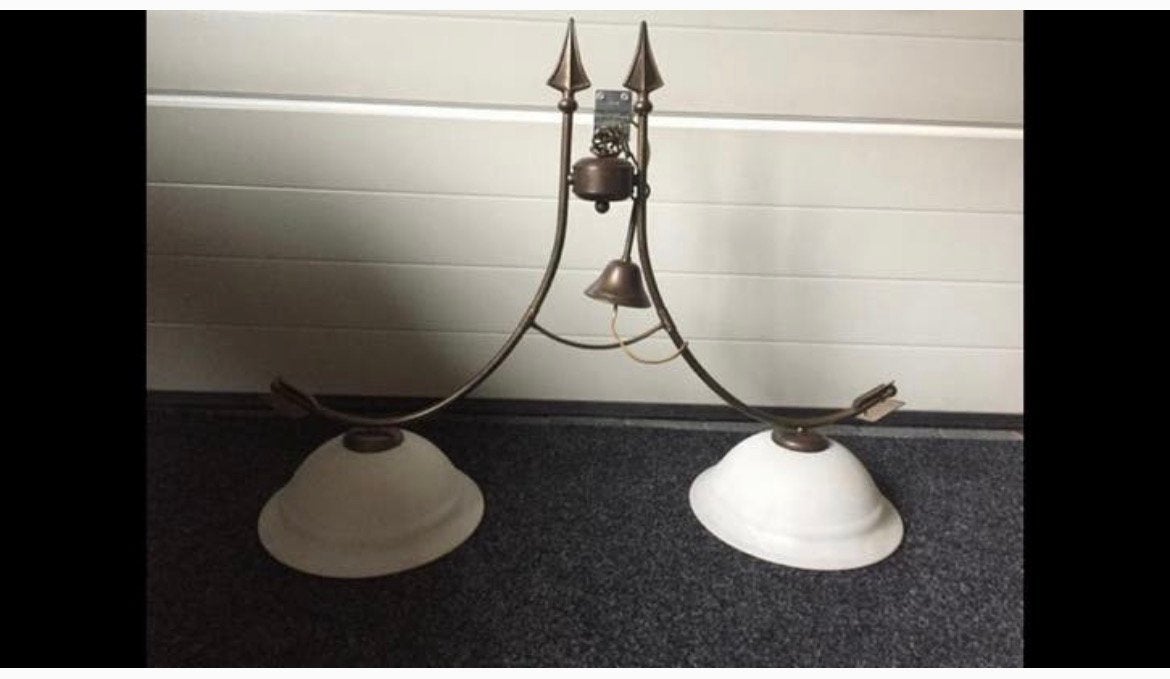 Luxe Hanglamp bruin/brons pijlen met witte glazen kappen, Ophalen, Zo goed als nieuw, Glas